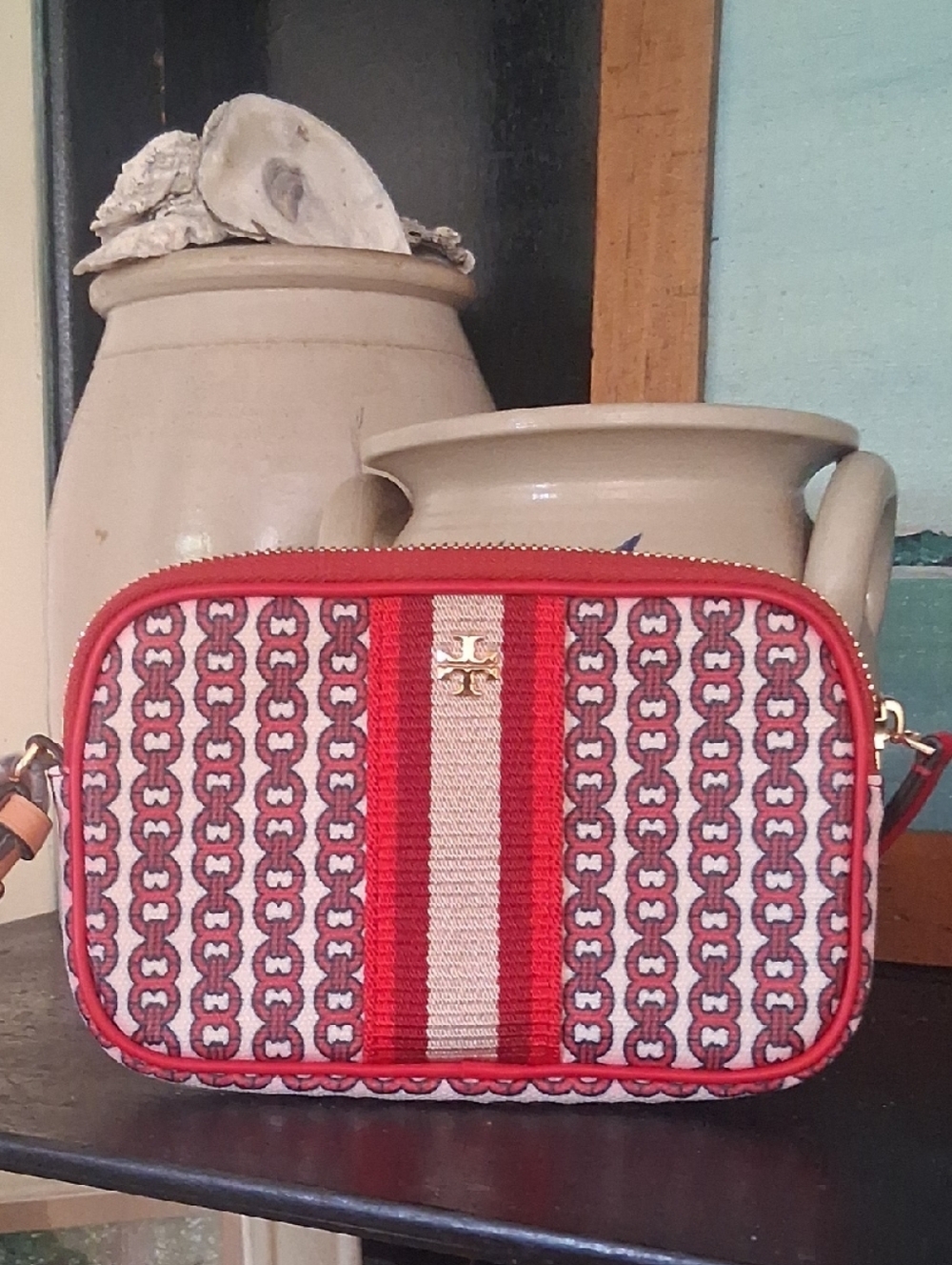Tory Burch Red Patterned Stripe Crossbody Bag